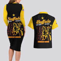 Couples set: black bodycon dress back and yellow-collar shirt with Buffalo Soldiers graphic