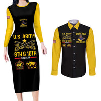 Couples matching black bodycon long-sleeve dress and long-sleeve button shirt, yellow sleeves