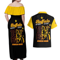 Couples set back view: black maxi dress with yellow off-shoulder ruffle; black Hawaiian shirt