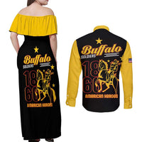 Back view: off-shoulder black maxi dress with yellow neckline; black-yellow long-sleeve shirt print