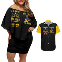 Couples matching off-shoulder short dress and button-up Hawaiian shirt, black with bold front graphics
