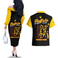 Black off-shoulder long sleeve dress and Hawaiian shirt, back prints with yellow stars.
