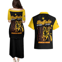 Couples matching black puletasi dress and Hawaiian shirt, back graphic prints with yellow trim