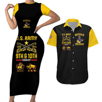 Black bodycon dress with yellow sleeves and front graphic; matching black Hawaiian shirt