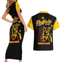 Black bodycon dress and matching black Hawaiian shirt with back graphic and yellow sleeves