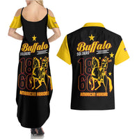 Black maxi dress and black/yellow Hawaiian shirt with Buffalo Soldiers graphic on back