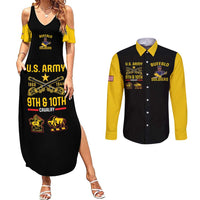 Couples maxi dress and long-sleeve button shirt: black with yellow sleeves, military graphic