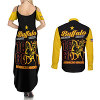 Couples maxi dress and long-sleeve button shirt with bold Buffalo Soldiers back graphics