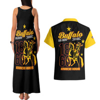 Black tank maxi dress and black Hawaiian shirt set with yellow-back graphic, star accents