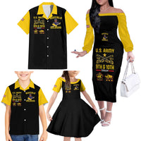 Matching black dress with yellow sleeves and black shirts with yellow collars, family set