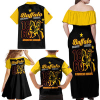 Off-shoulder maxi dress in black with yellow top and Buffalo Soldiers back graphic