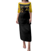 Black and yellow off-shoulder dress with short sleeves and Buffalo Soldiers front graphic