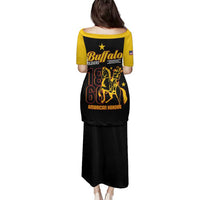 Black and yellow off-shoulder dress with short sleeves and Buffalo Soldiers back graphic