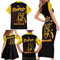 Black short-sleeve button-up shirt with yellow collar and large Buffalo Soldiers back graphic