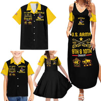 Family matching set: black maxi dress and Hawaiian shirts with yellow trim and prints