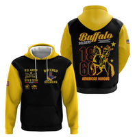 Black and yellow pullover hoodie with front and back Buffalo Soldiers graphics.