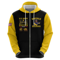Black and yellow zip hoodie front graphic with U.S. Army and Buffalo Soldiers details.
