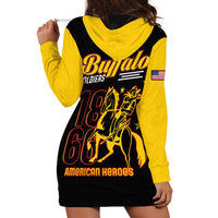 Yellow-and-black hooded sweatshirt dress with large Buffalo and 1866 print