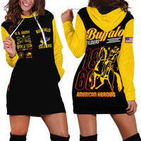 Two-color hooded sweatshirt dress with Buffalo Soldiers graphic, front and back views