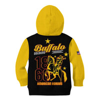 Kids two-tone pullover hoodie with yellow hood; black back shows Buffalo Soldiers horse graphic