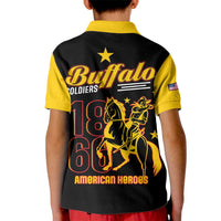 Kids black polo shirt with yellow collar and Buffalo Soldiers 1866 graphic on back