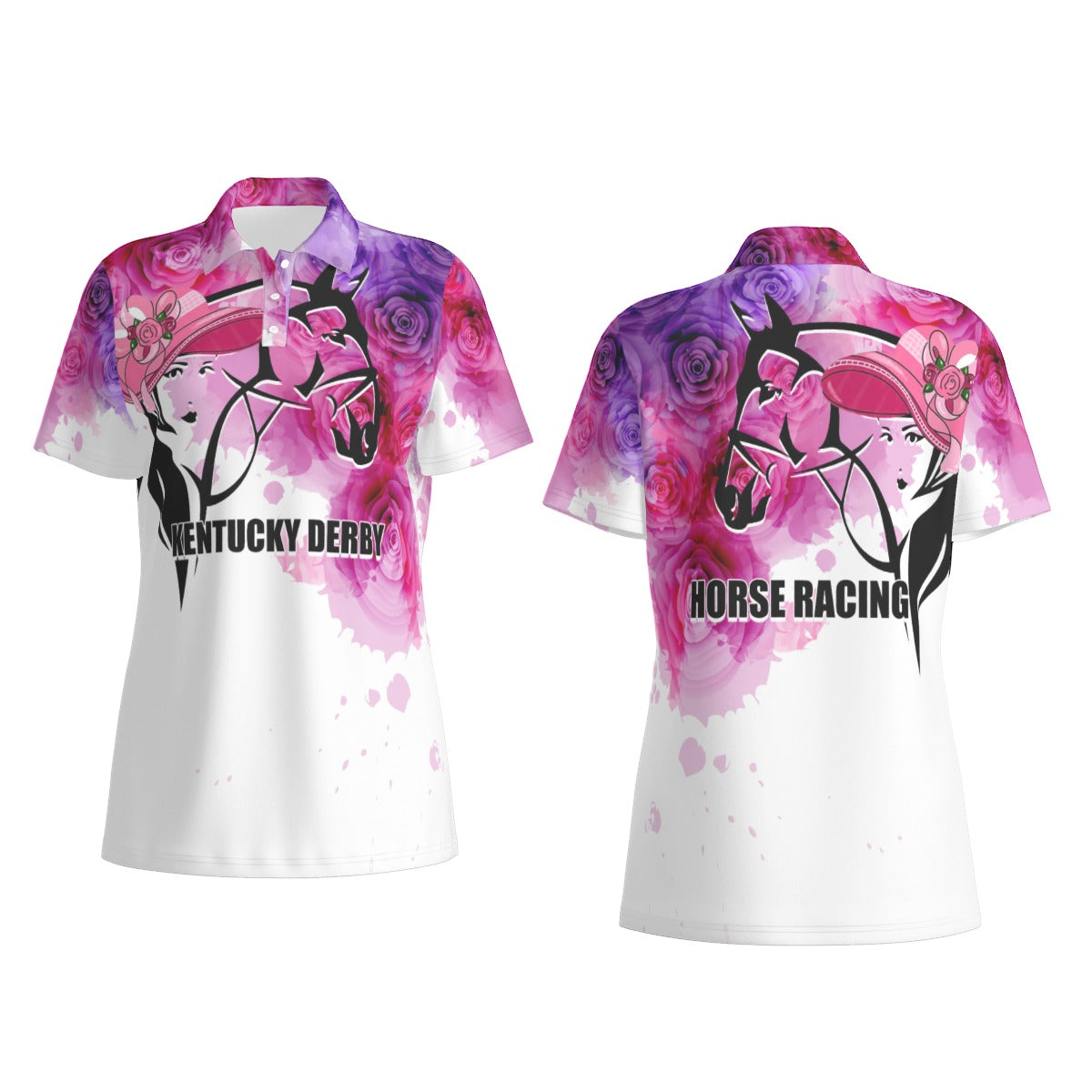 Women’s short-sleeve polo shirt with white base and purple/pink horse racing graphic