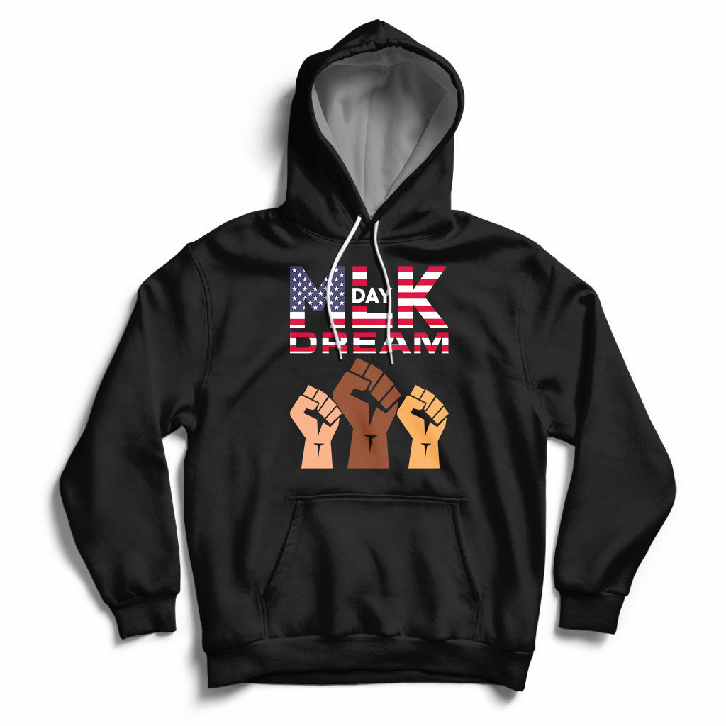 Black pullover hoodie with drawstring, front pocket, and "Day" "Dream" graphic with fists