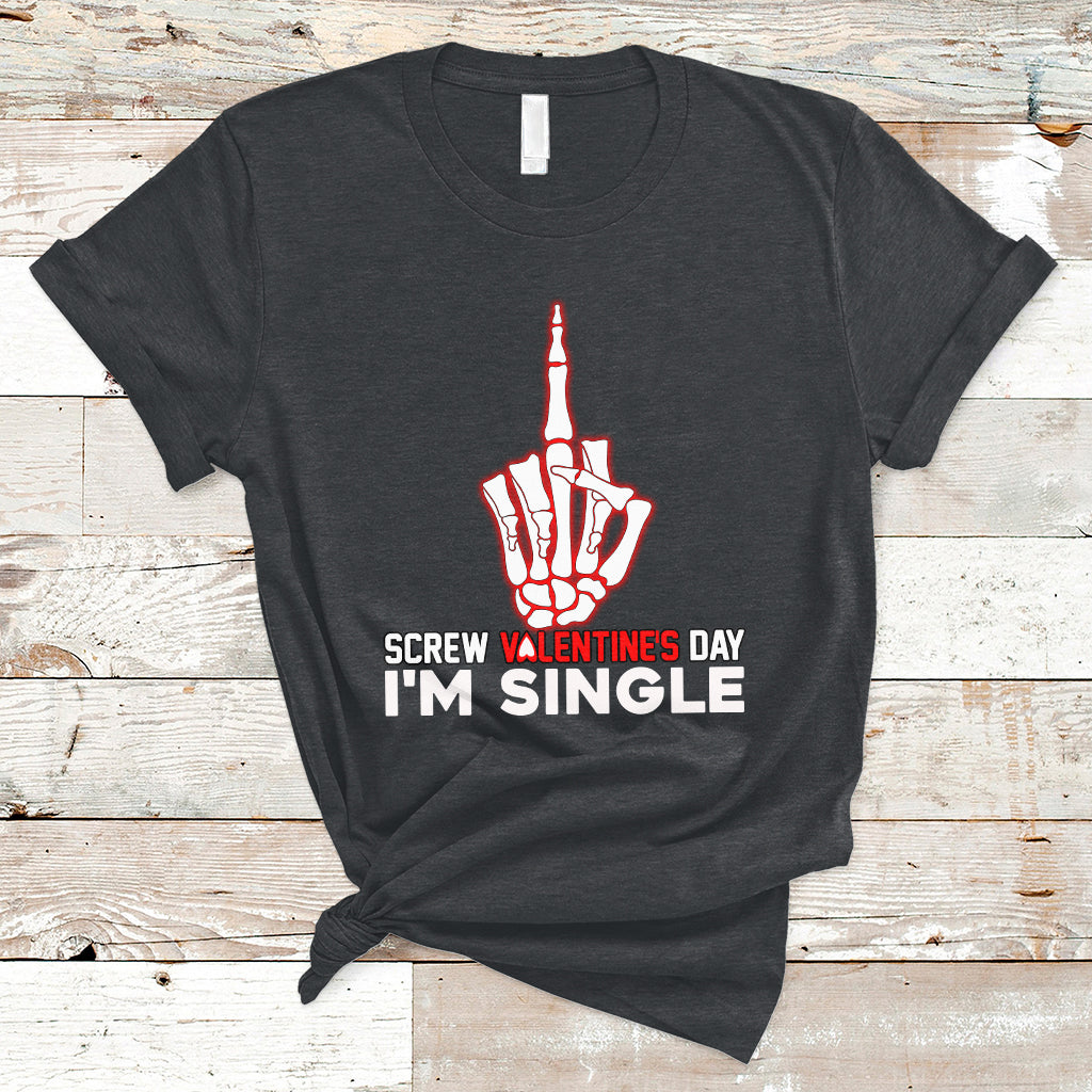 Black graphic T-shirt with red middle finger and text "I'm single"