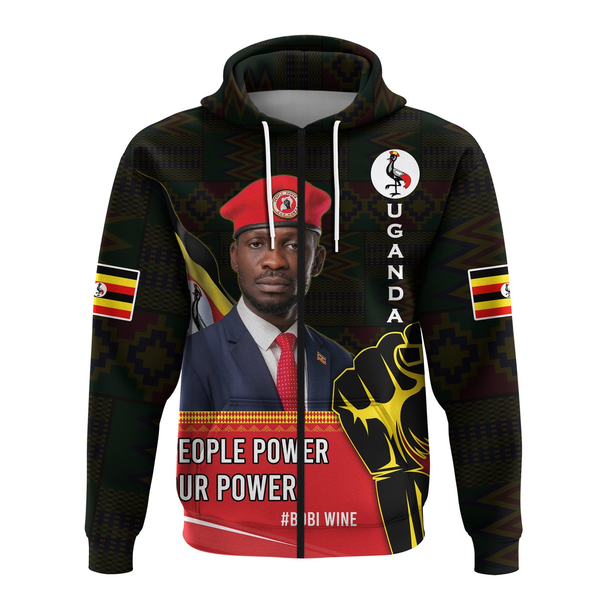Black zip hoodie with Uganda emblem and People Power front graphic