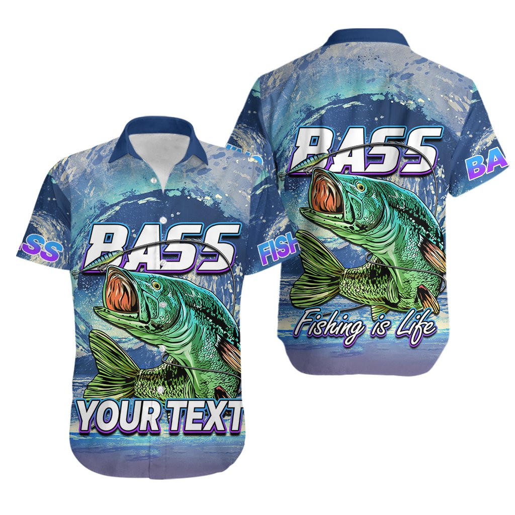 Blue Hawaiian shirt with bass fish graphic and Fishing is Life text, short sleeves