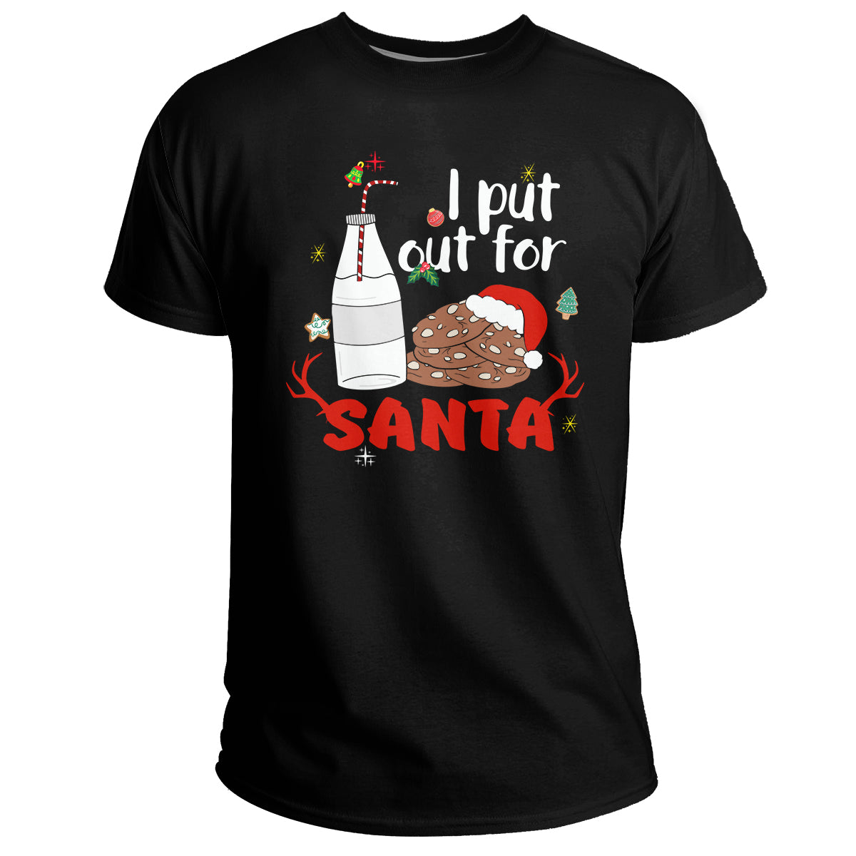 Black crewneck T-shirt with “I put out for SANTA” milk and cookie graphic