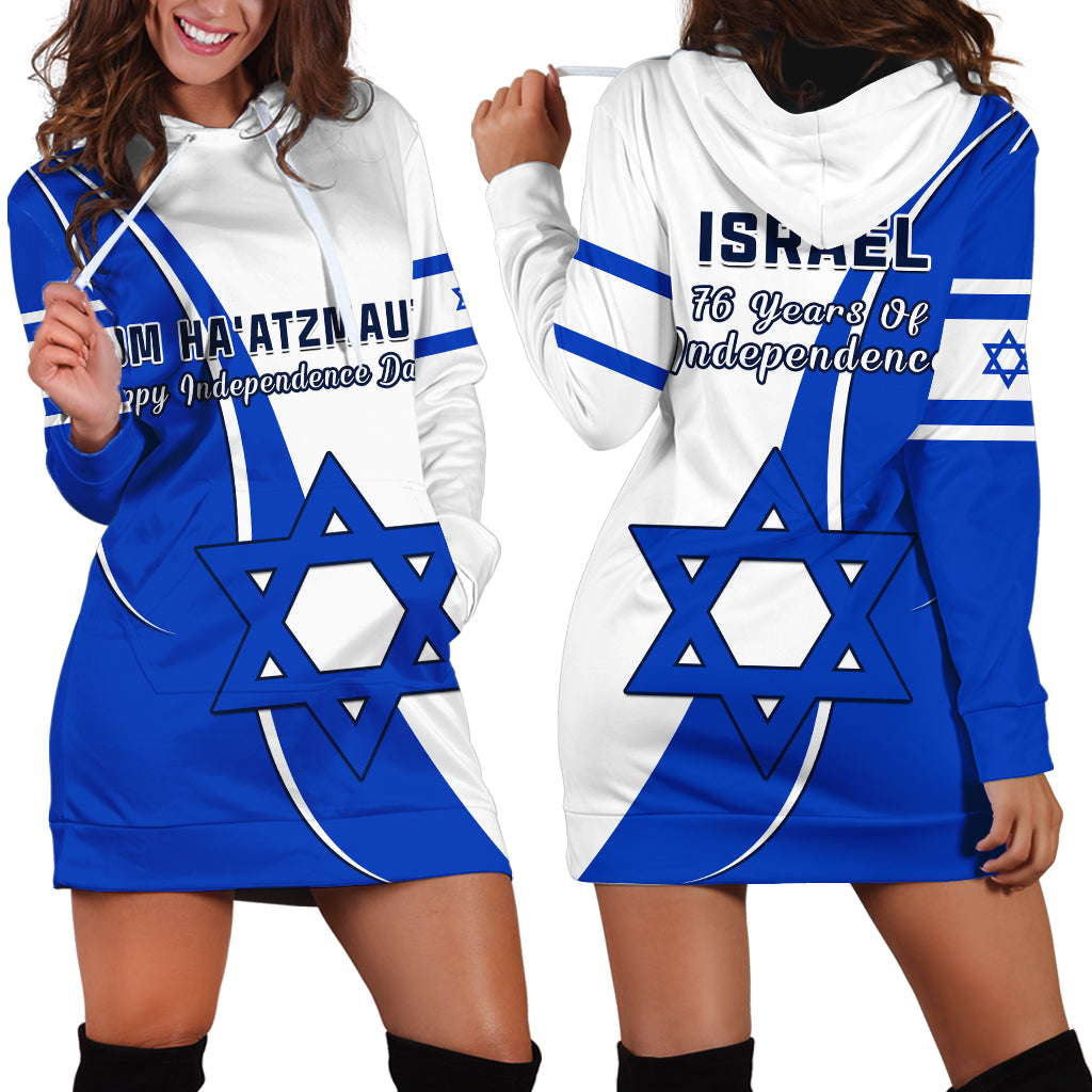 White and blue hoodie dress with hood, long sleeves, and Star of David graphic