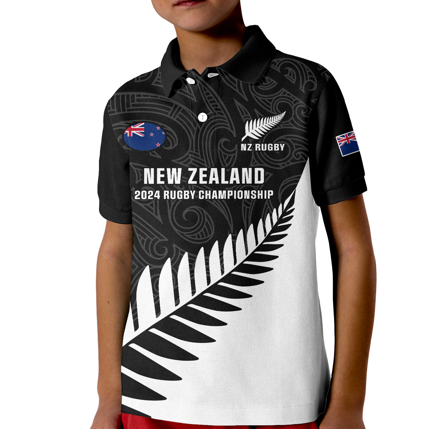 Personalised New Zealand Silver Fern Rugby Kid Polo Shirt All Black 2024 Go Champions Maori Pattern - Wonder Print Shop