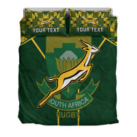 Green rugby bedding set with South Africa Rugby emblem and two 'YOUR TEXT' pillows