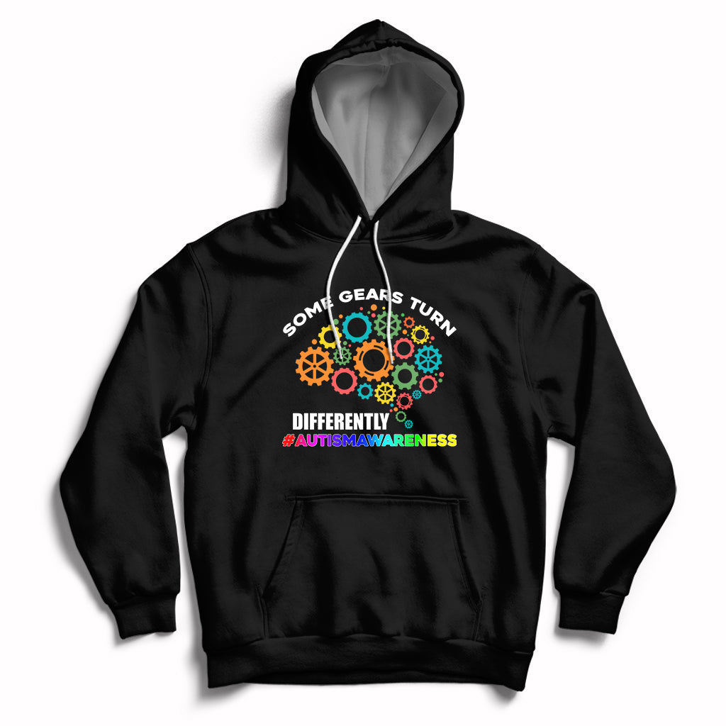 Black autism awareness hoodie with colorful gear graphic, front pocket, drawstring