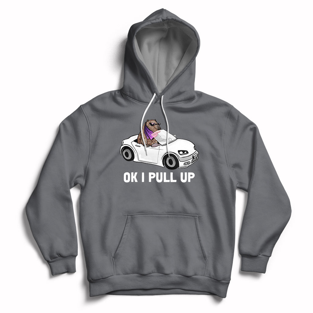 Charcoal pullover hoodie with kangaroo pocket and "OK I PULL UP" car graphic