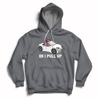 Charcoal pullover hoodie with kangaroo pocket and "OK I PULL UP" car graphic