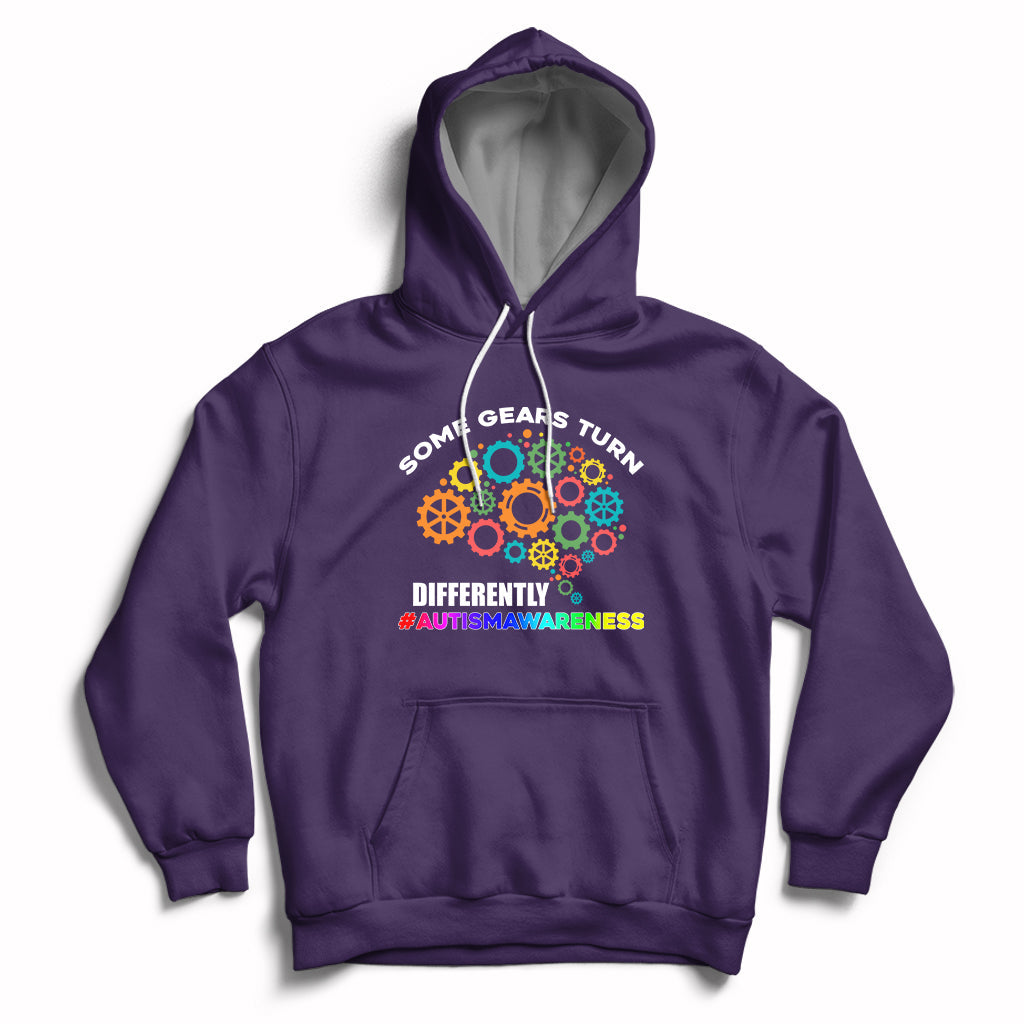 Purple autism awareness hoodie with colorful gear graphic, front pocket, drawstring