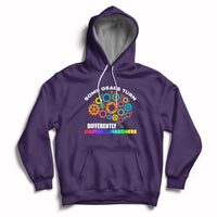 Purple autism awareness hoodie with colorful gear graphic, front pocket, drawstring