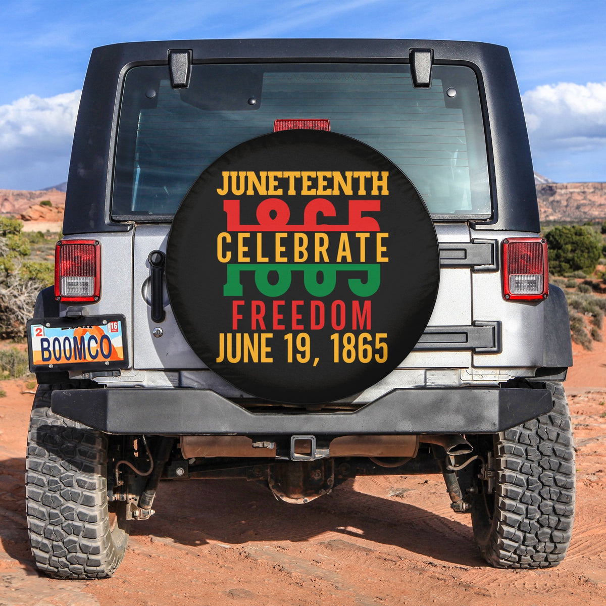 Juneteenth spare tire cover: black with 'Juneteenth Celebrate Freedom June 19, 1865' graphic