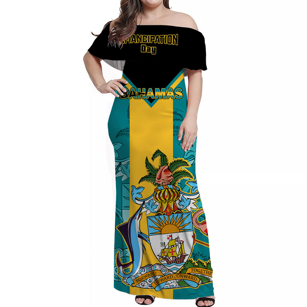 Personalised Bahamas Off Shoulder Maxi Dress Happy Bahamian Emancipation Day - Wonder Print Shop