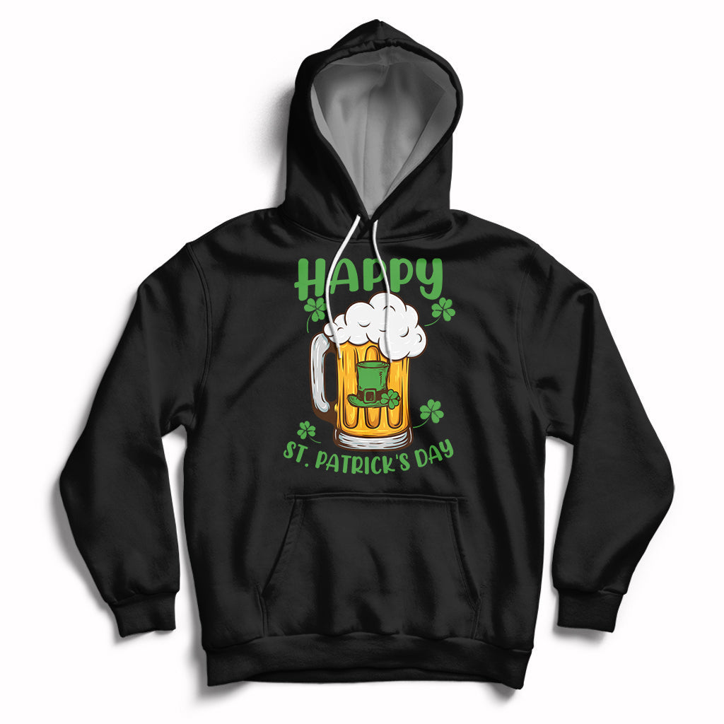 Black St. Patrick's Day hoodie with beer mug and shamrock graphic, front pocket and hood
