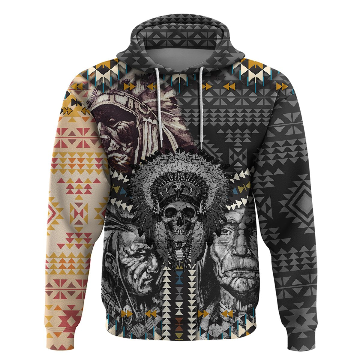 Pullover hoodie front, dark tribal collage with skull headdress and face portraits; front pocket