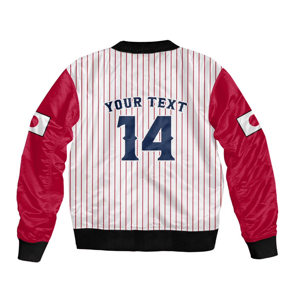 White pinstriped baseball bomber with red sleeves, ribbed collar, and printed 14 front