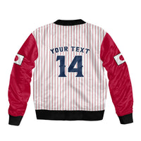 White pinstriped baseball bomber with red sleeves, ribbed collar, and printed 14 front