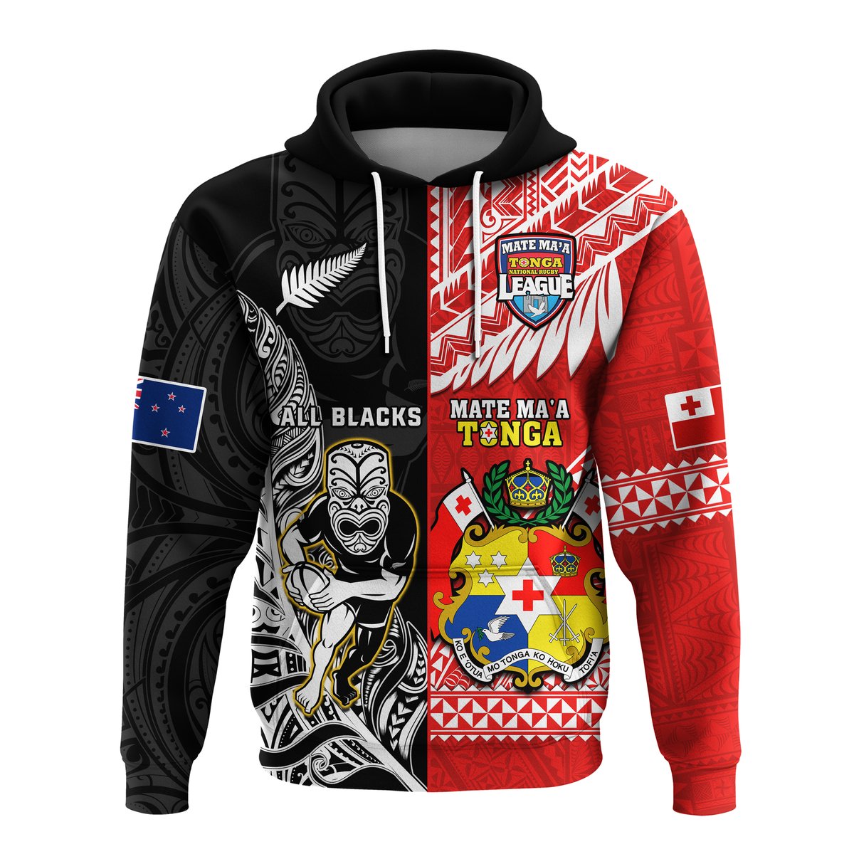 Black pullover hoodie with red and white Polynesian-style graphics, hood and kangaroo pocket