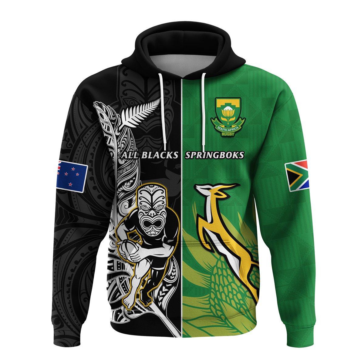 Rugby pullover hoodie with black-and-green split front, graphic emblems, white drawstrings