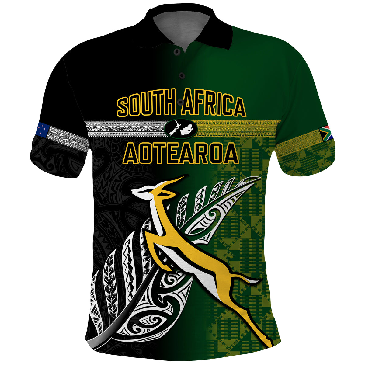 Rugby polo shirt with South Africa and Aotearoa front print, green and black