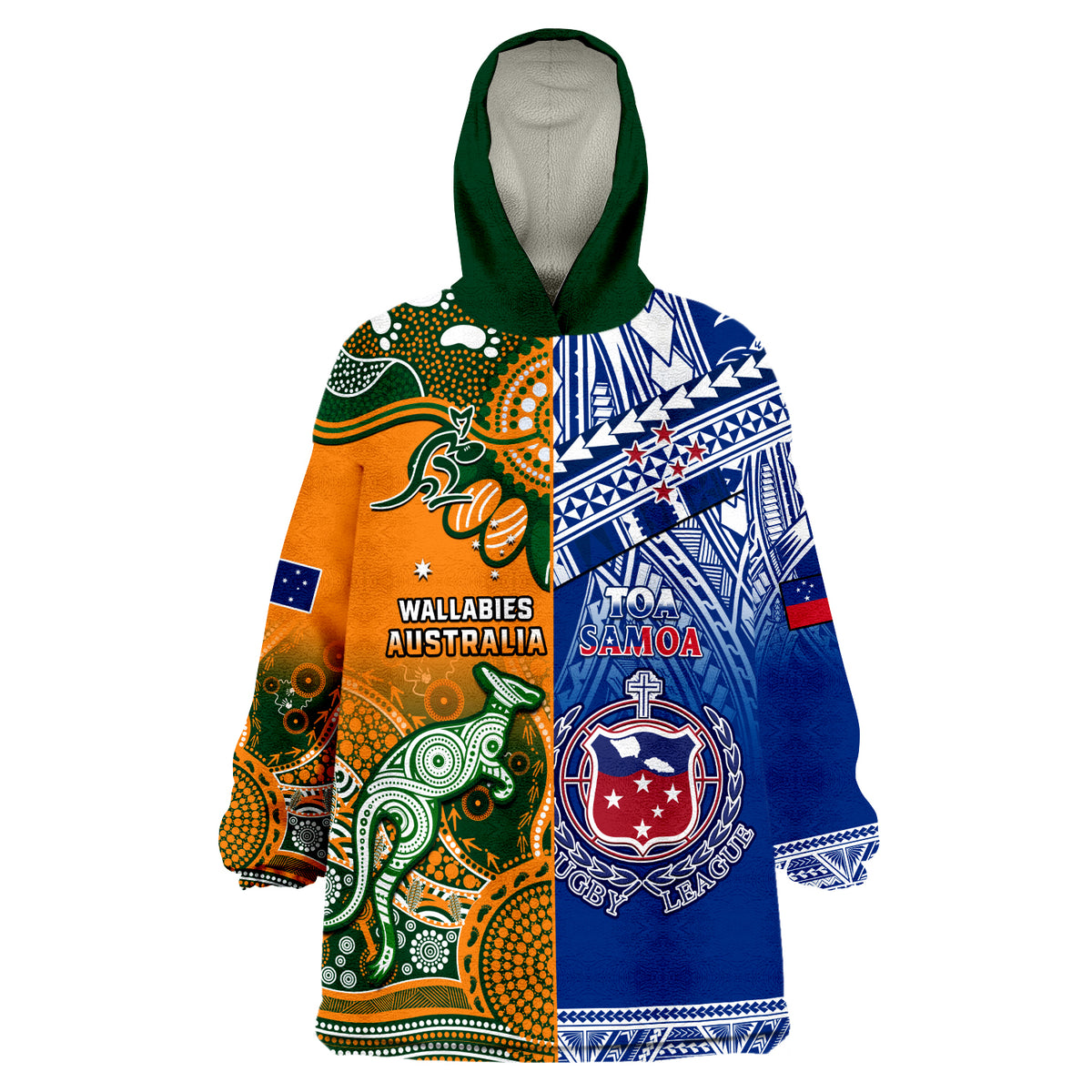 Rugby hoodie blanket with green hood; multicolor Australia and Samoa graphic print