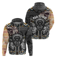 Pullover hoodie with tribal graphic, hood and multicolor drawstrings; skull headdress print